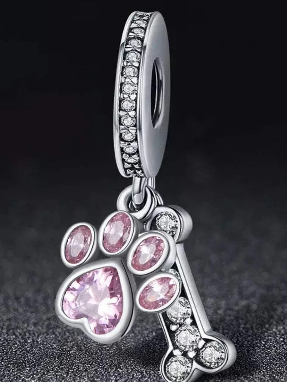 Pink Paw & Bone Dangle Charm - Silver Tone Pet Jewelry